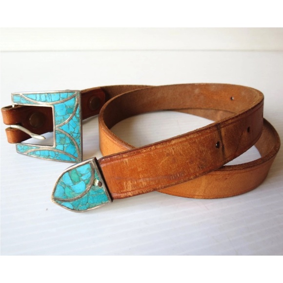 Sterling Silver w/ Inlaid Turquoise Belt Buckle Leather Belt 32" - Picture 6 of 7